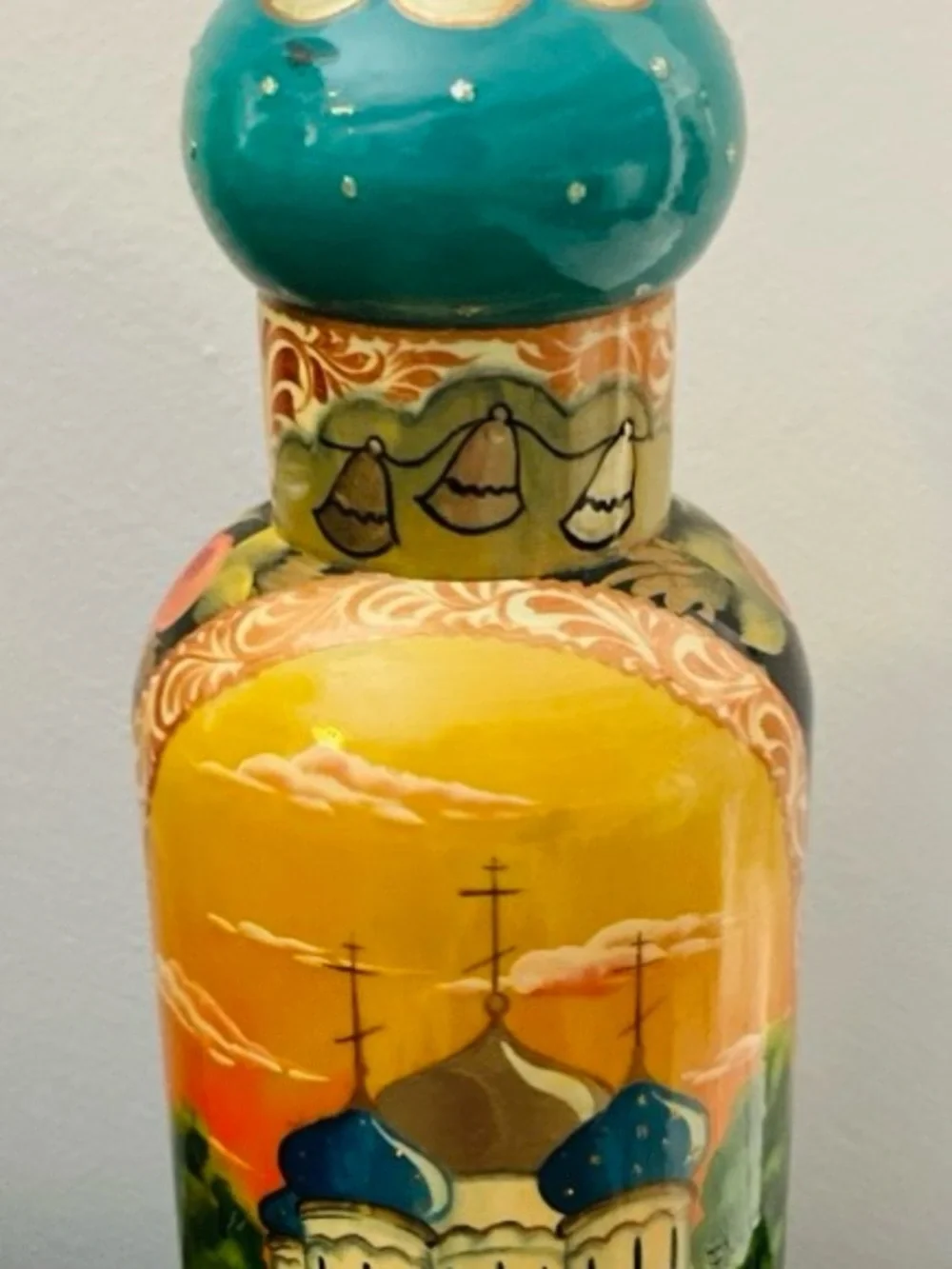 Vintage-Wine&Roses-Russian lacquered handmade wood vodka/wine bottle cover